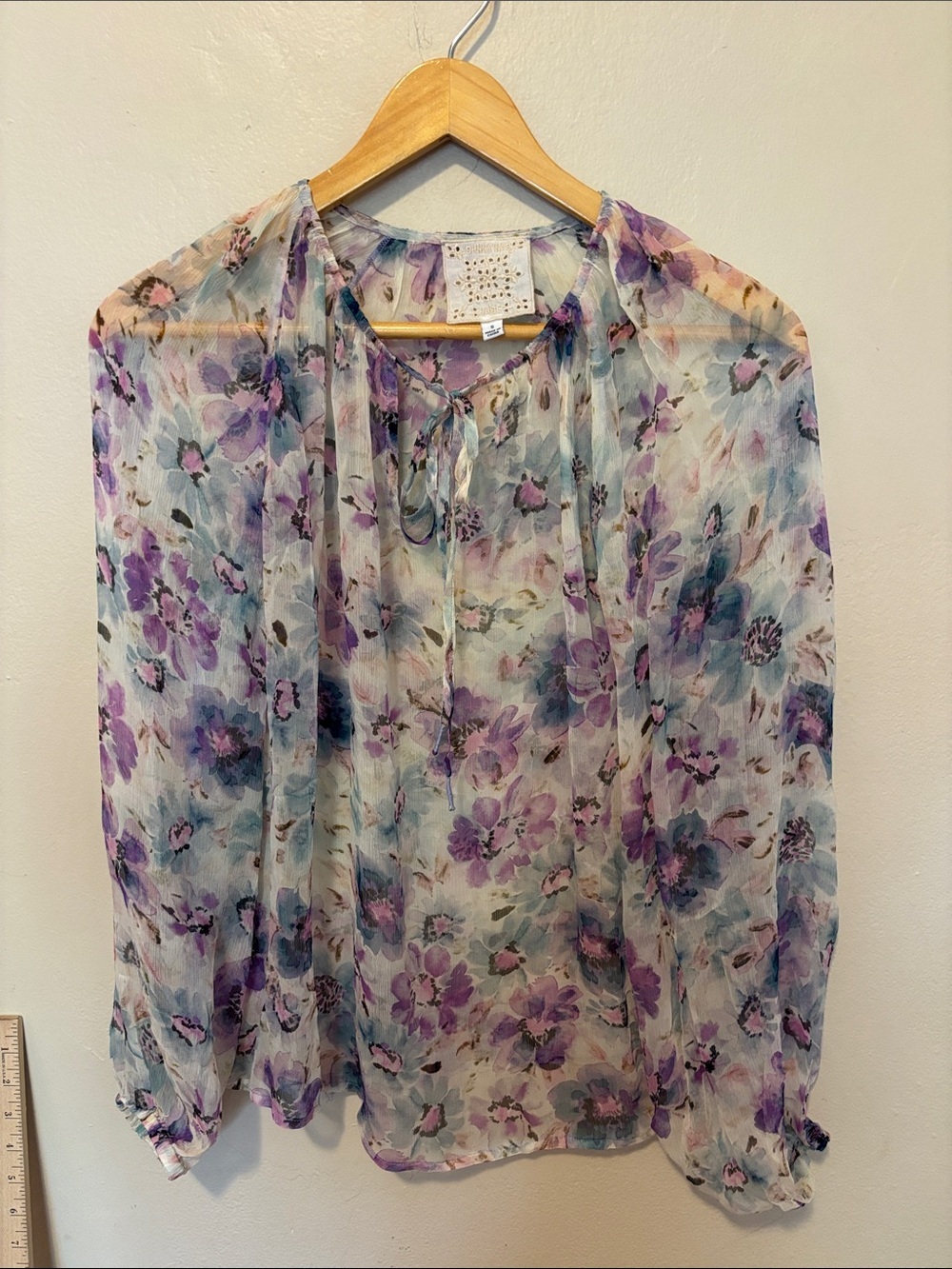Johnny Was Sheer Floral Tie-Neck Blouse - Purple, Blue, Cream